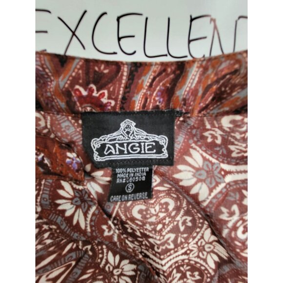 Angie Womens Boho Paisley Floral Semi-Sheer Blouse Small Brown Red Hi-Low Hem - Picture 3 of 7